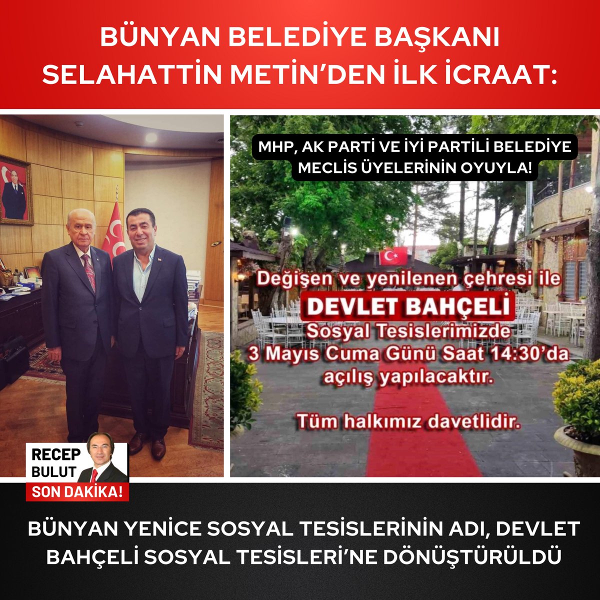 #SONDAKİKA BÜNYAN BELEDİYE BAŞKANI SELAHATTİN METİN’DEN İLK İCRAAT: MHP, Ak Parti ve İYİ Partili Belediye Meclis Üyeleri'nin oyuyla! Bünyan Yenice Sosyal Tesisleri'nin adı, Devlet Bahçeli Sosyal Tesisleri'ne dönüştürüldü! #Bünyan #Kayseri @MhpKayseri38 @MHPSelahattinM