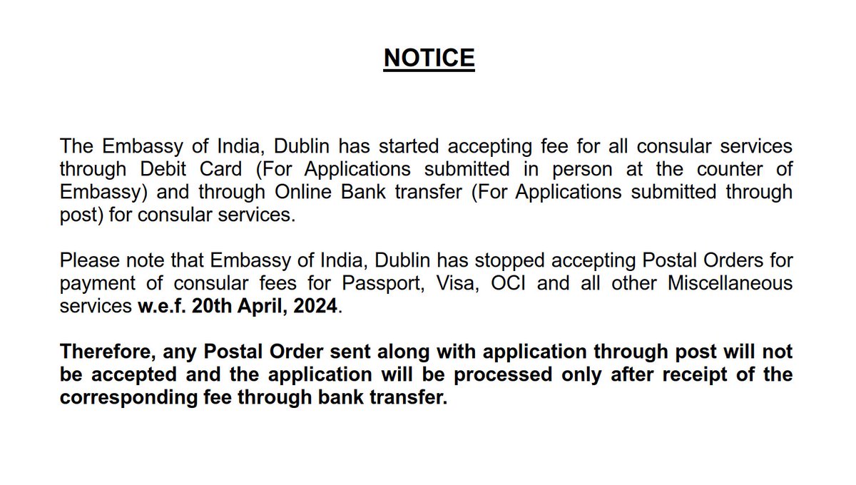Notice Regarding Payment For Consular Services @MEAIndia