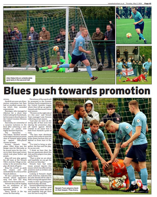 'Once more into the fray as The Blues push towards promotion' Double page feature spread on @NewarkTownFC after their win over @Dunkirk_FC and their upcoming battle against @harrowbyutd1949 @LukeParsonsss @TonyJoynes2 @ntfcsupporters @utdcos @LewisChambo9 @PandaHales #Newark