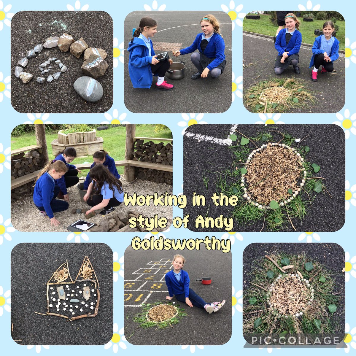 ⭐️Blwyddyn 5⭐️ For #outdoorlearningweek last week we were inspired by Andy Goldsworthy. We created pieces of art in his style using natural materials. We investigated pattern and used stones, twigs, flowers, shells and leaves to create our art. 🌿🪵🐚🌾⭐️ @_OLW_ @GoldsworthyAndy
