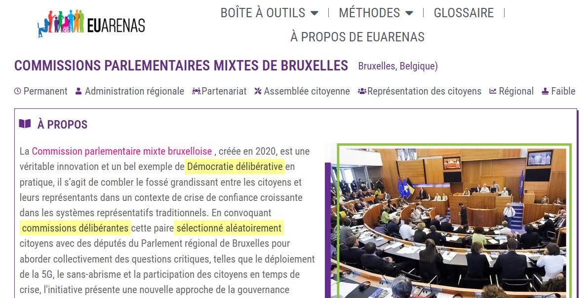 Les #CommissionsDélibératives citées dans la boîte à outils de @euarenas_h2020🤩 Cette nouvelle reconnaissance européenne atteste de leur impact majeur ! Elles permettent aux citoyen·ne·s de débattre d'enjeux cruciaux avec les parlementaires. #démocratie euarenas-toolbox.eu/the-tool/bruss…