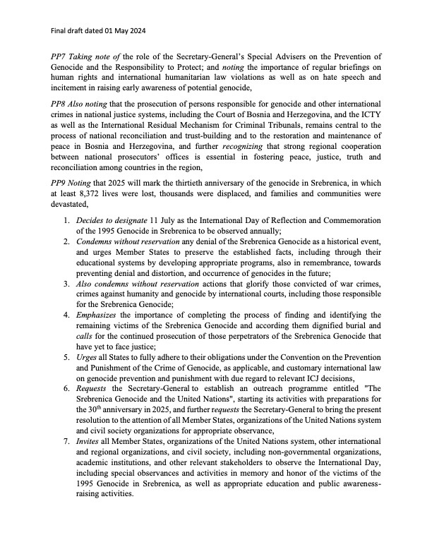 The final draft of the Resolution 'International Day of Reflection and Commemoration of the 1995 Genocide in Srebrenica'