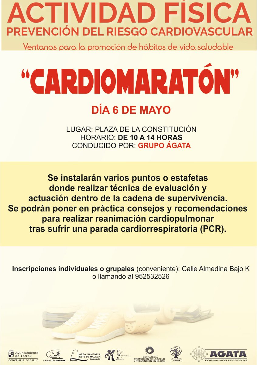 #SaludPúblicaAndalucía #TorroxRELAS celebra un cardiomaratón dentro de su programa de Ventanas Saludables 🗓️6/05 📍Plaza de la Constitución ⌚️10-14 h. Inscripciones 👉Calle Almedina bajo K ☎️952 532526 #LocalizarlaSalud @saludand @saludaxarquia