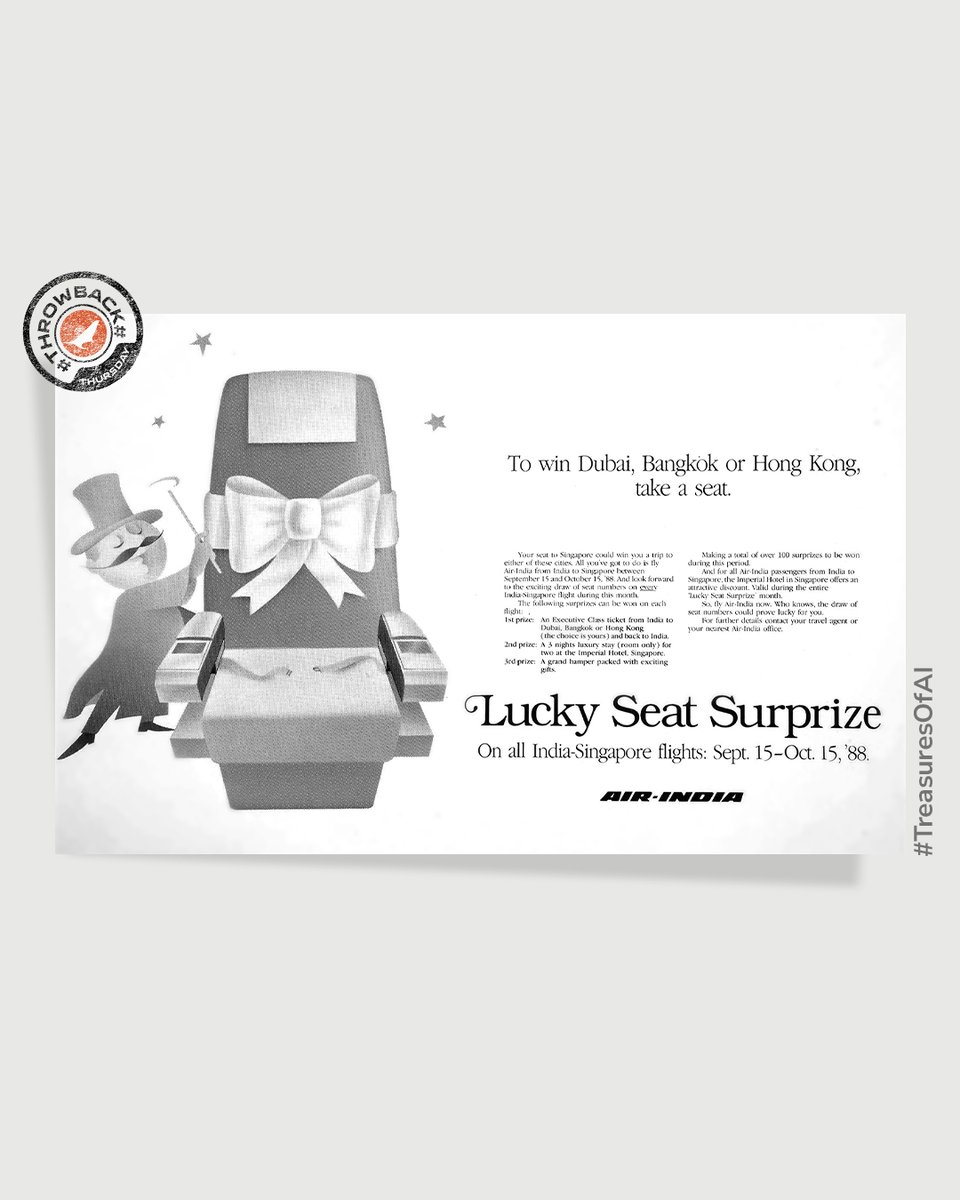 Throwback to this 'Lucky Seat Surprise' pamphlet of '88! Enjoy a 15% discount when you prebook your seat with us. 
Secure your spot today💺

#FlyAI #AirIndia #TBT #TreasuresofAI