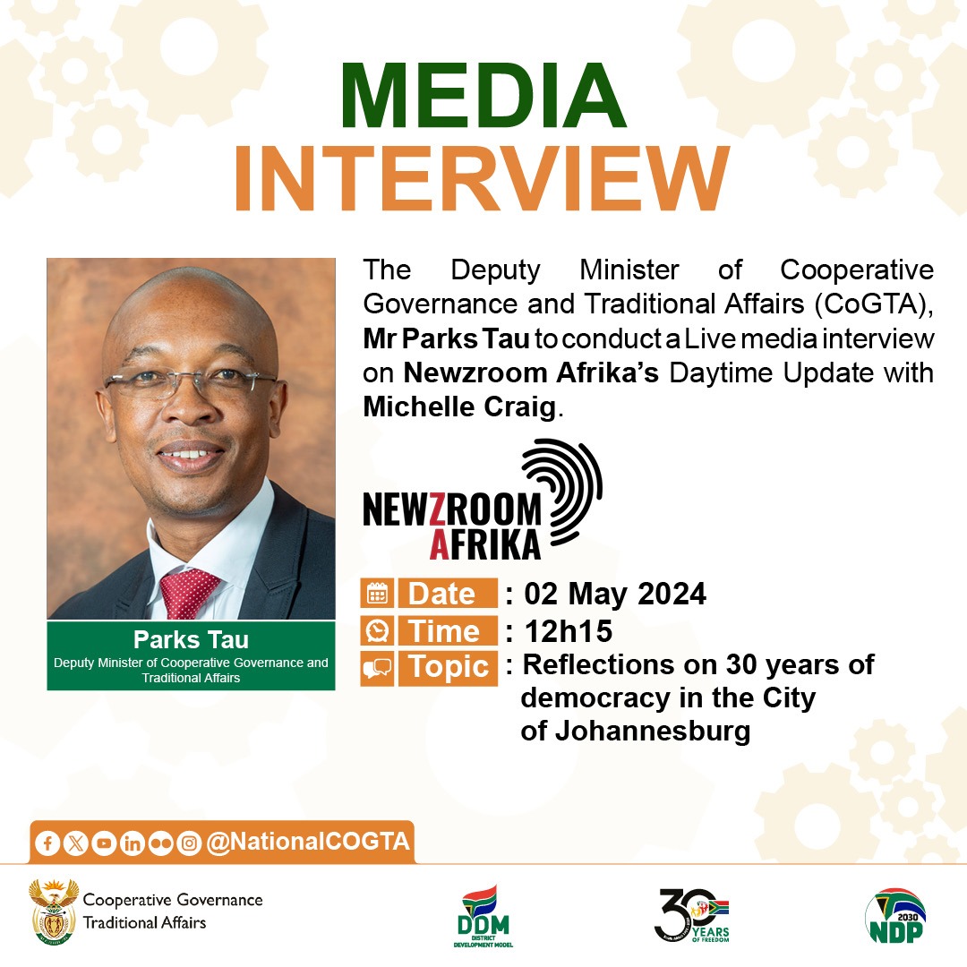 TauParks's tweet image. Join us this afternoon on the Daytime Update show with #MichelleCraig @Newzroom405 as we reflect on the 30 years of Democracy, with particular reference to the City of Johannesburg. #LocalGovAtWork