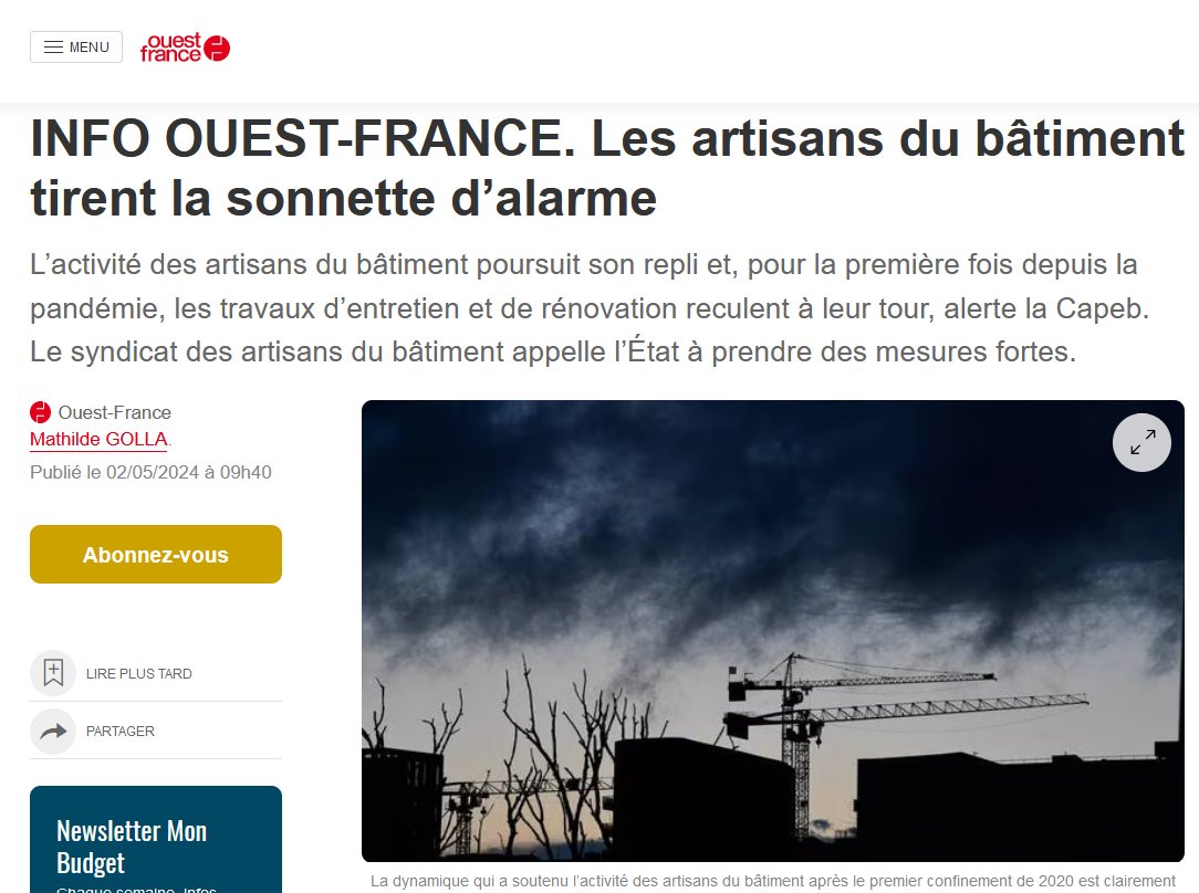 Conjoncture mai 2024  :  @reponcapeb en exclusivité sur @OuestFrance . Une  interview dans laquelle il révèle les chiffres d’activité de l’artisanat  du bâtiment au 1er trimestre 2024 et revient sur les combats de la  CAPEB du moment :  MaPrimeRénov’, projet de loi…