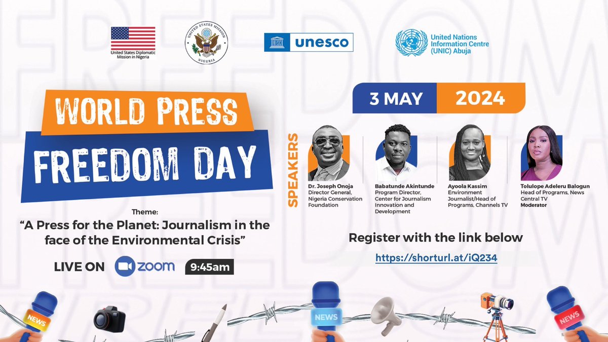 On Friday 3 May, we invite journalists & climate activists to join a panel discussion 'Journalism in the Face of the Environmental Crisis' at a webinar organized by UNIC, with @USinNigeria & @unescoabuja to commemorate the #WPFD2024. Register here 👉shorturl.at/iQ234
