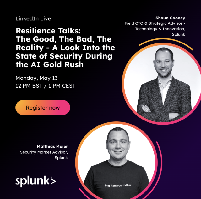 #GenAI has gone mainstream. But what does that mean for #cybersecurity teams? Join Splunker Matthias Maier and Shaun Cooney as they discuss key findings of the Splunk State of Security 2024 Report in a LinkedIn Live on May 13. Register now! #SplunkSecurity bit.ly/3JJSmWU