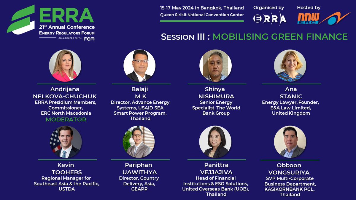 ✅ Meet the #GreenFinance session speakers of #ERRAConference2024 in Bangkok covering new business models & innovative #financingmechanisms. Experts will elaborate on #financialinstruments facilitating #renewables, #decarbonization & #energytransition projects! #UOB #USTDA