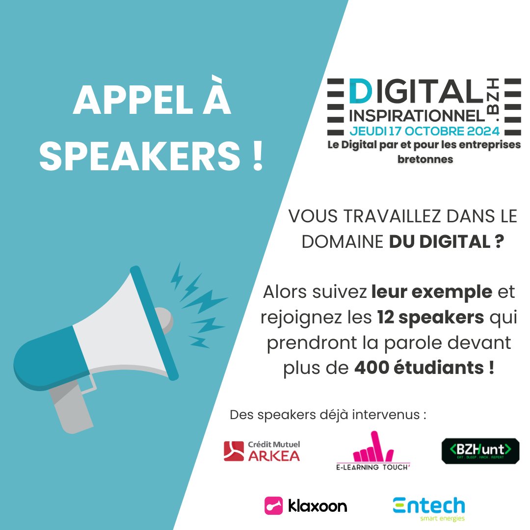 📢Appel à speakers📢 

Vous travaillez dans le digital et souhaitez partager votre expérience auprès de plus de
400 étudiants désireux de découvrir les opportunités du digital ? 
Envoyez-nous votre
candidature par mail : contact@digital-inspirationnel.bzh

#Événement #Digital #DI