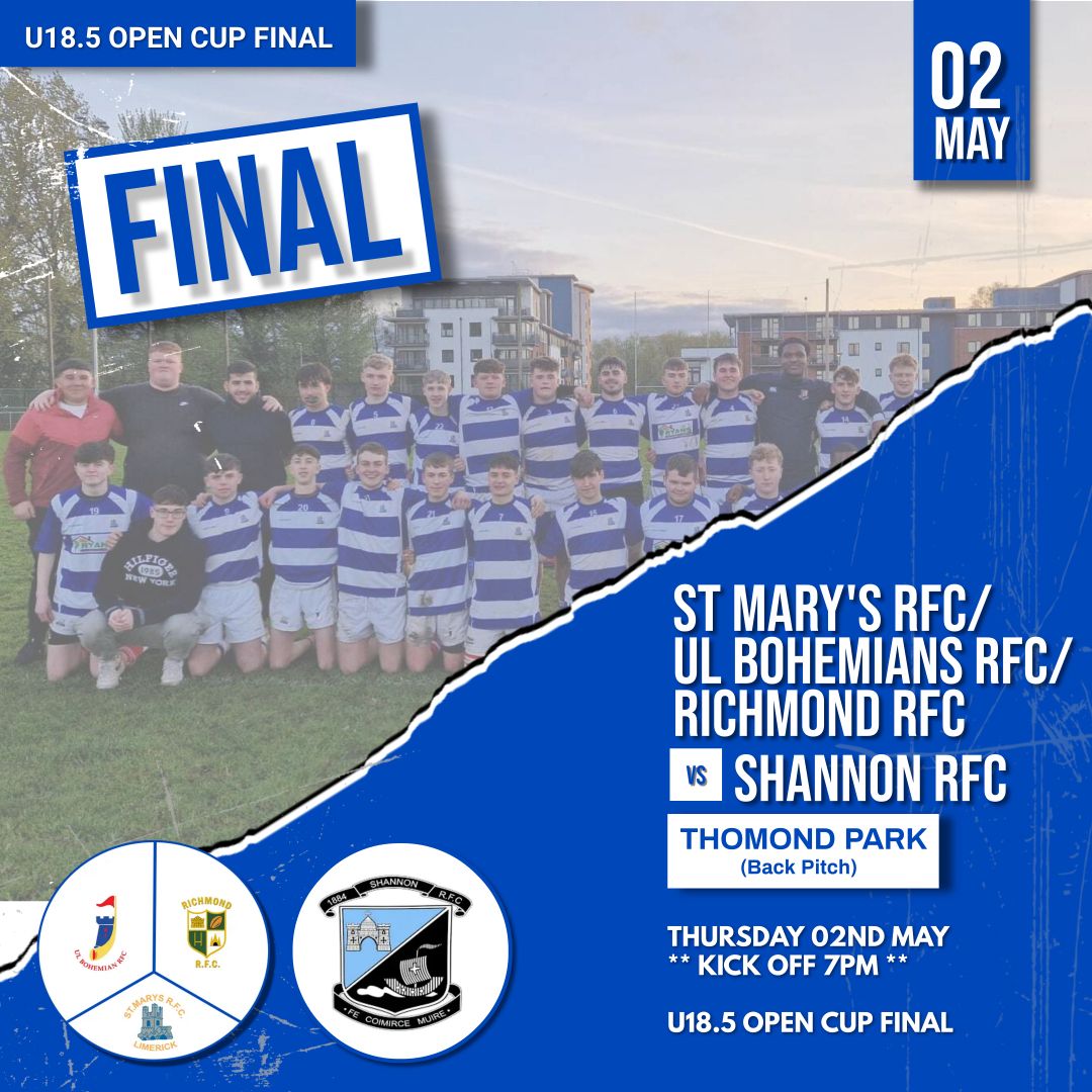 Don't forget out U18.5s are in action tonight in the Open Cup Final against @Shannon_RFC. Kick off is 7pm. Get out and support the lads @RichmondRFC @ulbohemianrfc #thefuture #oneloaf