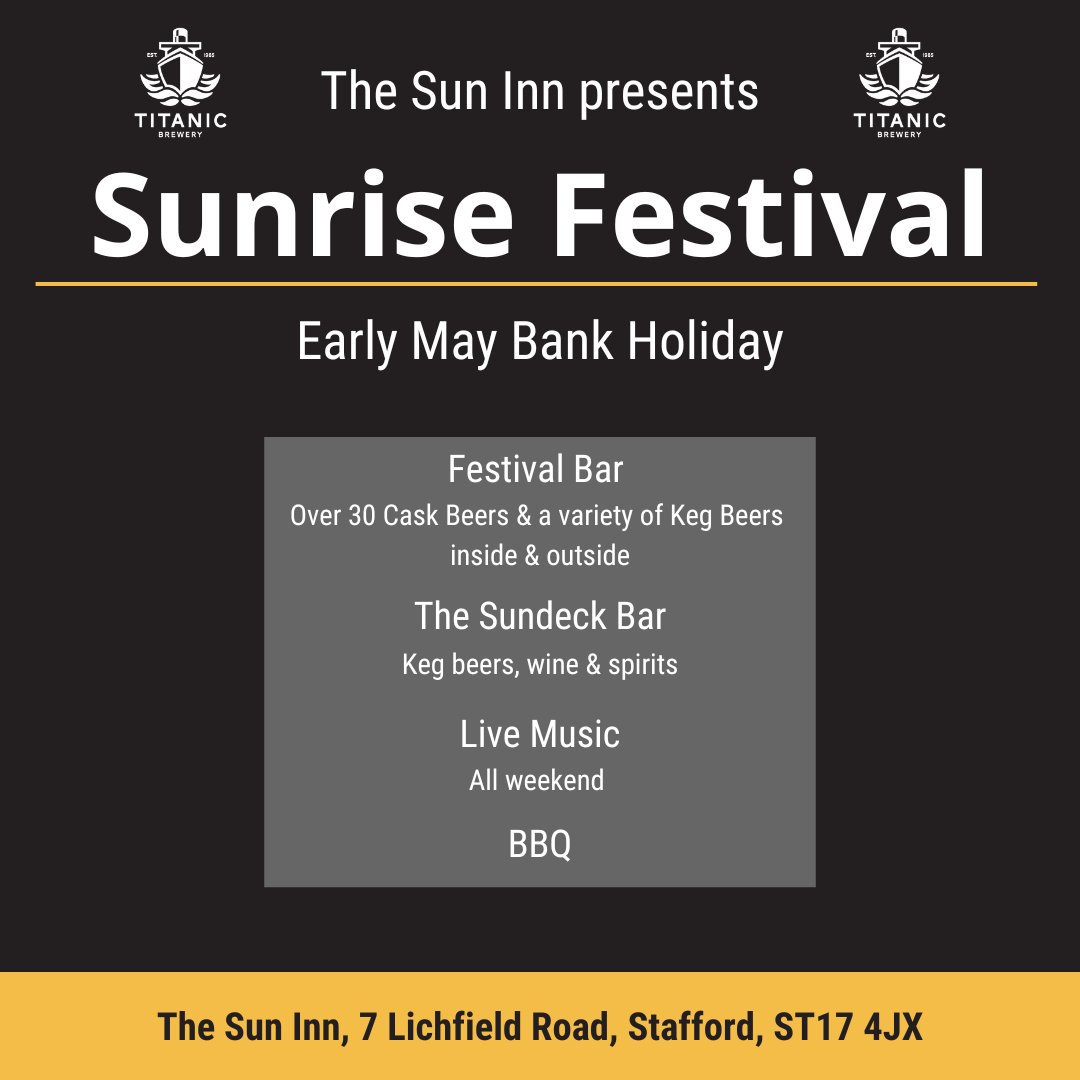 Happy Bank Holiday! Looking for something to do today? The Sunrise festival continues with live music from 2pm! Our brewery shop is closed but our pubs and bods bars are stocked with Titanic ales and guest beers for you to enjoy! Cheers 🍻