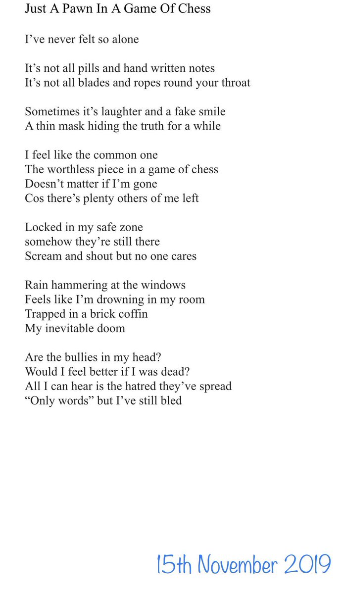 .@samaritans @mentalhealth @MindCharity #RaiseAwareness

#poet #poetry #PoetryMonth #poetrylovers #NewPoet #poem #poems #Poets #PoetryDay  #WritingCommunity #WritingContest #WriterCommunity #writing #Writer @poetswritersinc @poetshouse @PoetryDayUK @PoetrySociety @poetrybusiness