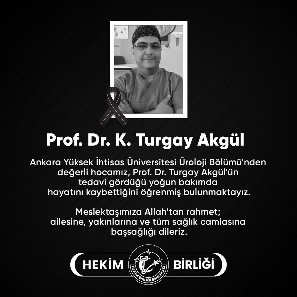 Ankara Yüksek İhtisas Üniversitesi Üroloji Bölümü'nden değerli hocamız, Prof. Dr. Turgay Akgül'ün tedavi gördüğü yoğun bakımda hayatını kaybettiğini öğrenmiş bulunmaktayız. Prof. Dr. Turgay Akgül, mesleki bilgi ve deneyimiyle pek çok hastanın şifa bulmasına vesile olmuş,…