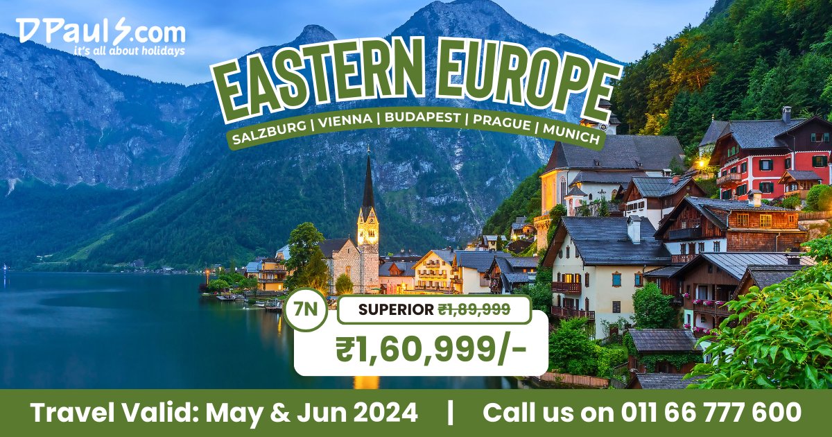 Eastern Europe! 7 Nts Pkg at Rs.160999/-
Incl:- Airfare, Stay, Meals, Sightseeing, Transfers, Etc.
For more details, Click bit.ly/442L9dV OR Call us on 011-66777600.

#DPauls_Travel #EuropePackages #EuropeTour #Europe #EuropeCalling #InternationalPackages #EasternEurope
