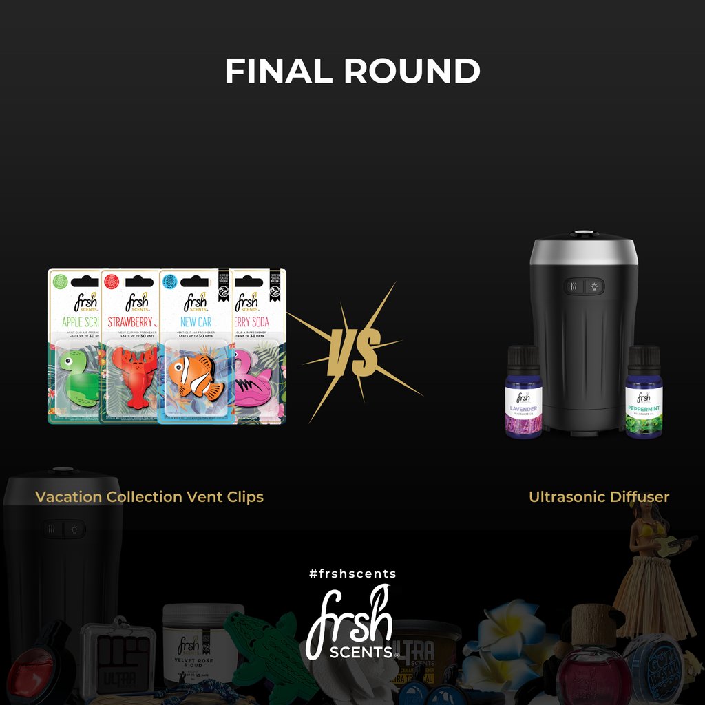 Which do you think should be the ultimate FRSH Scents champion?
Vacation Collection Vent Clips or our Ultrasonic Diffuser?

Cast your vote over on our Instagram story: instagram.com/frshscents/

#frshscents #airfreshener #carairfreshener