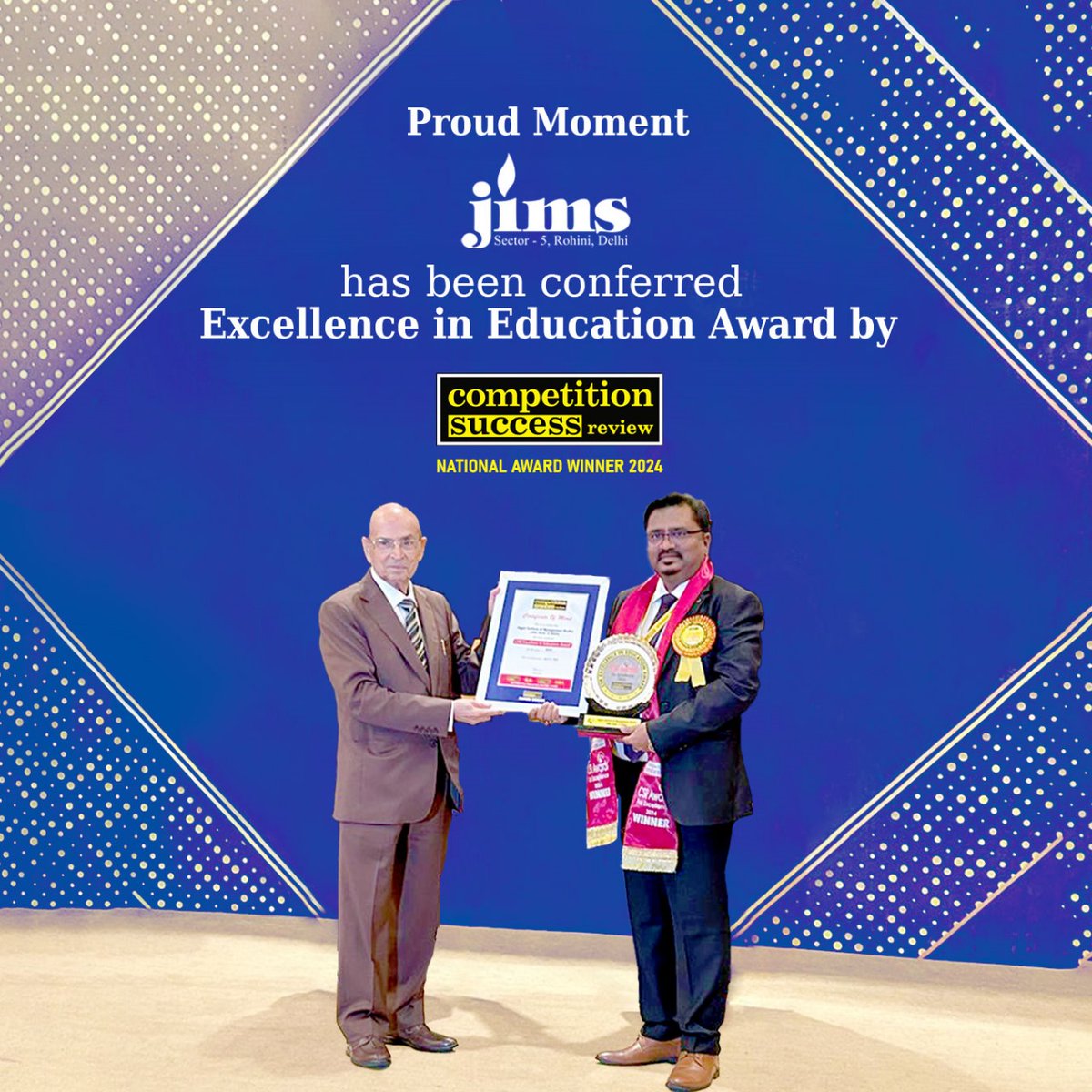 It's a proud moment for JIMS Rohini to be conferred the Excellence in Education Award by Competition Success Review.

#CSR #CSRaward #JIMSRohini #excellenceineducation