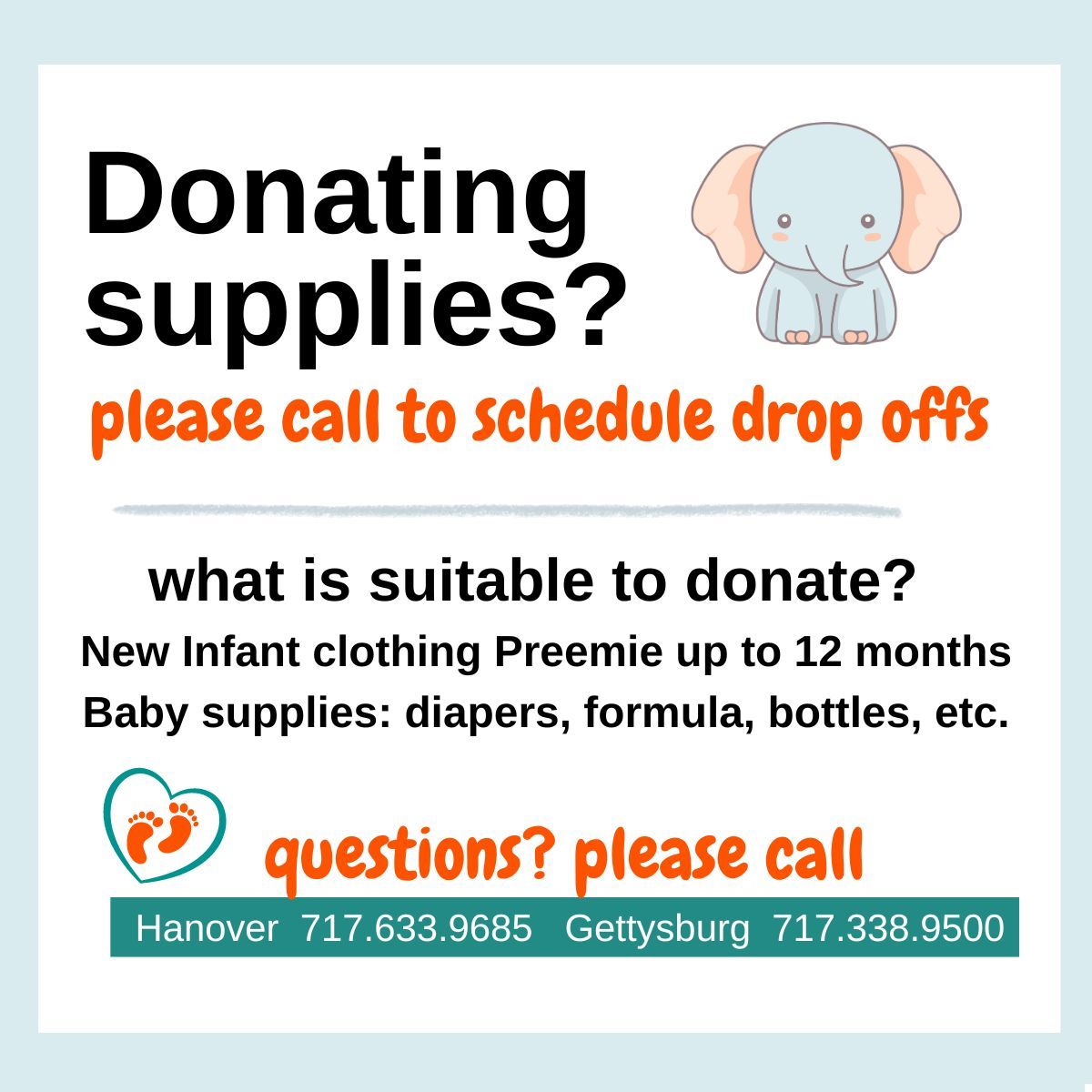 Thank you for your kind consideration of donating to us!Current needs:new baby essentials such as clothing (preemie to 12 months), diapers, wipes, formula, & more. We only accept new items to ensure the best for our clients.Your gifts make a difference! #donate #babyessentials