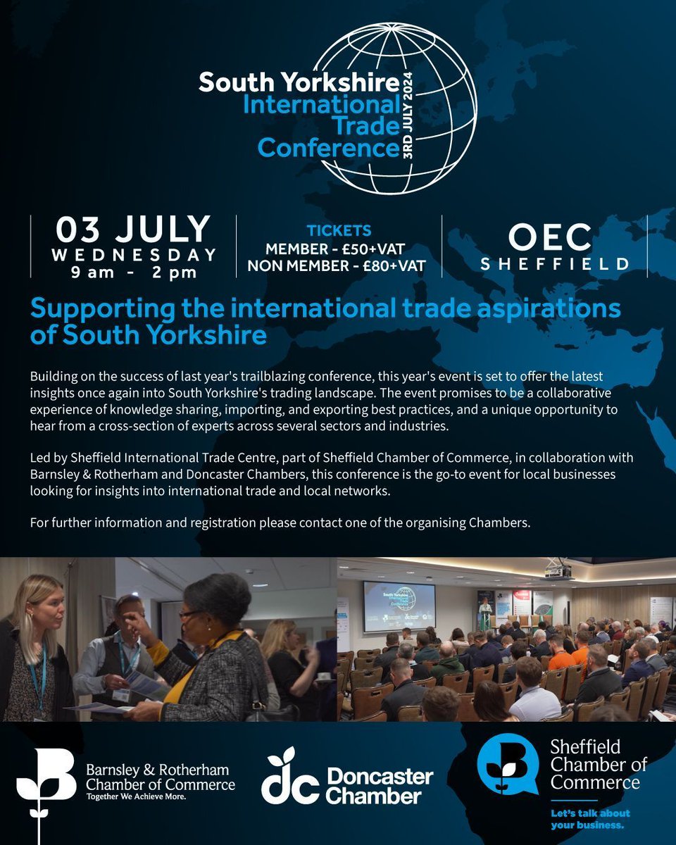 🌐 South Yorkshire International Trade Conference 📅 July 3 at 9:00 AM- 2:00 PM 📍 OEC Sheffield 🎫 £50.00 – £80.00 This conference is the go-to event for local businesses looking for insights into international trade and local networks.