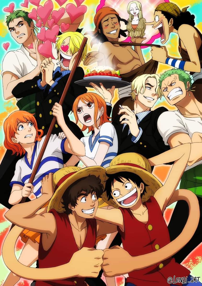 Found this awesome art that someone draw of the straw hat crew meeting their live action counterparts #onepiece #onepieceliveaction #strawhatpirates #luffy #zoro #nami #usopp #sanji