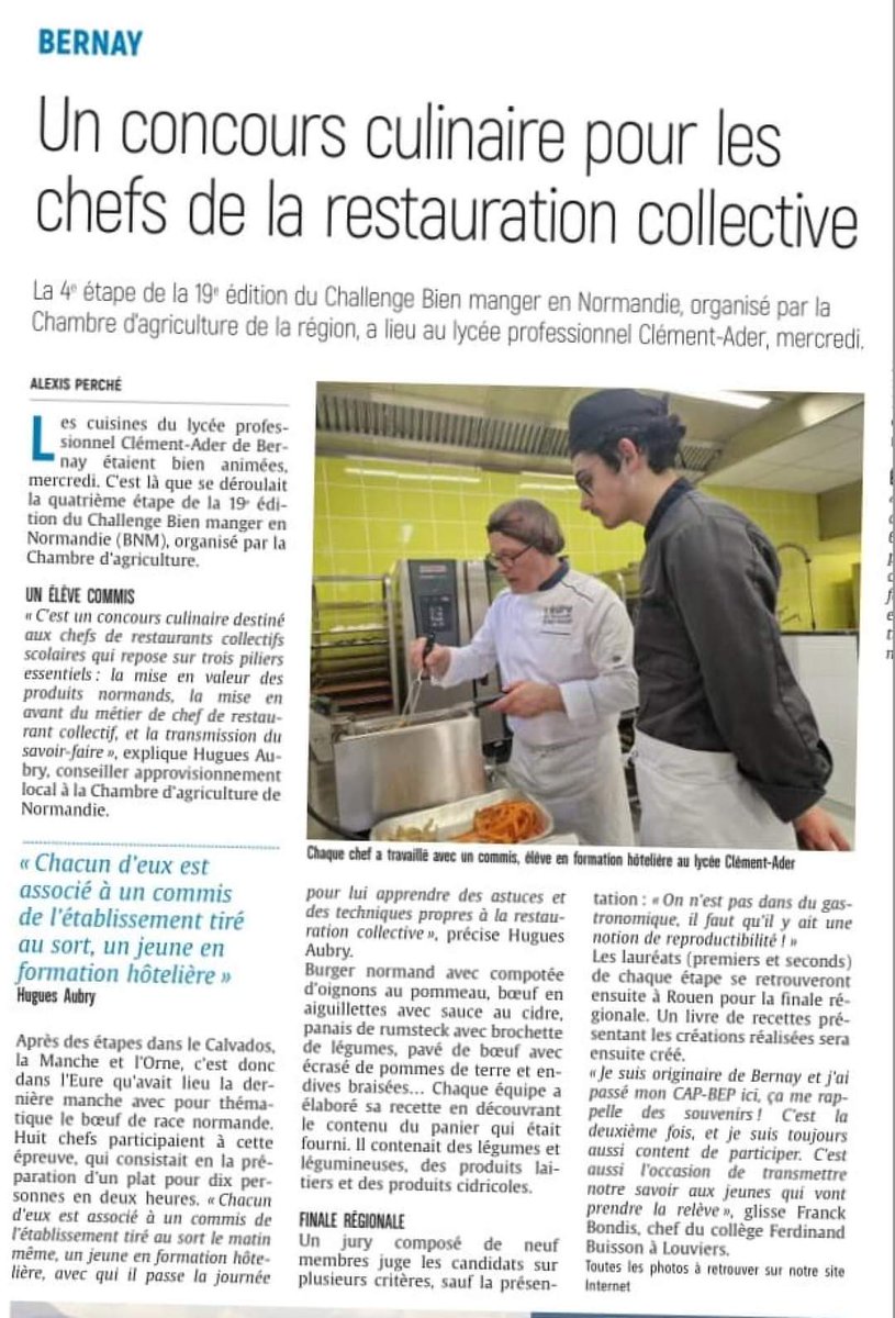 Articles de presse: concours bien manger en Normandie au lycée Clément Ader de Bernay.