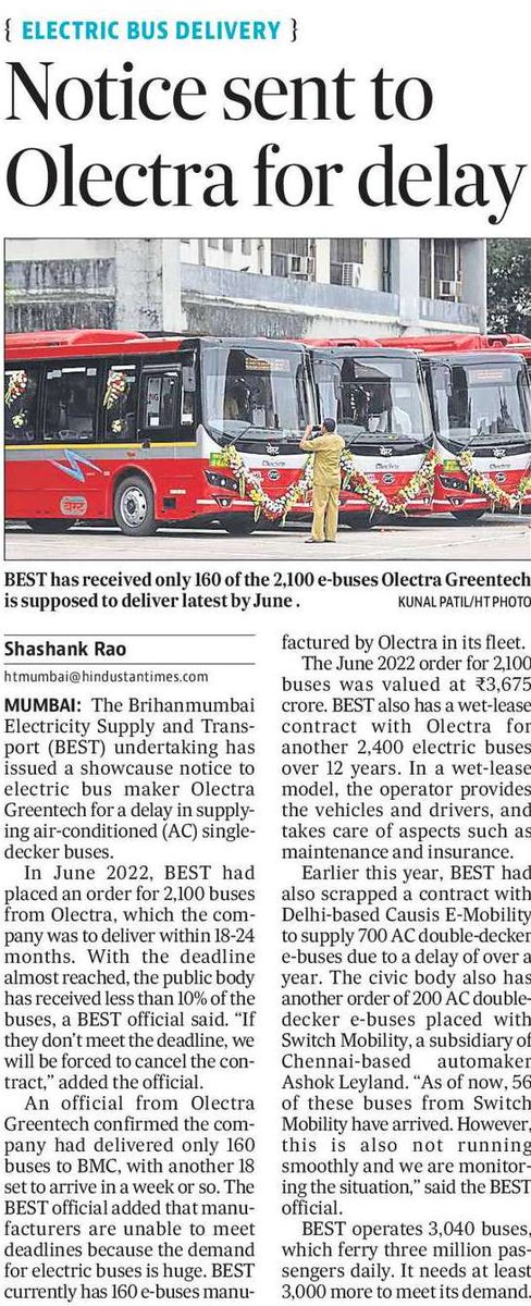 #Mumbai

Finally @myBESTBus has woken up and sent a NOTICE to  Olectra Greentech for a delay in supplying  AC single-decker Electric buses.

BEST has received only 160 of the 2,100 e-buses Olectra Greentech was supposed to deliver latest by June.2024.

#BEST setback.