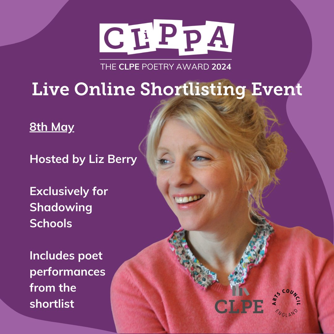 Award-winning poet Liz Berry will host the online announcement of the 2024 #CLiPPA shortlist! @CLPE1 All schools in the UK are invited to attend: Wednesday 8 May, 2.15pm Get your invitation by registering for this year’s CLiPPA Shadowing Scheme: ow.ly/GbMW50Ru90Q