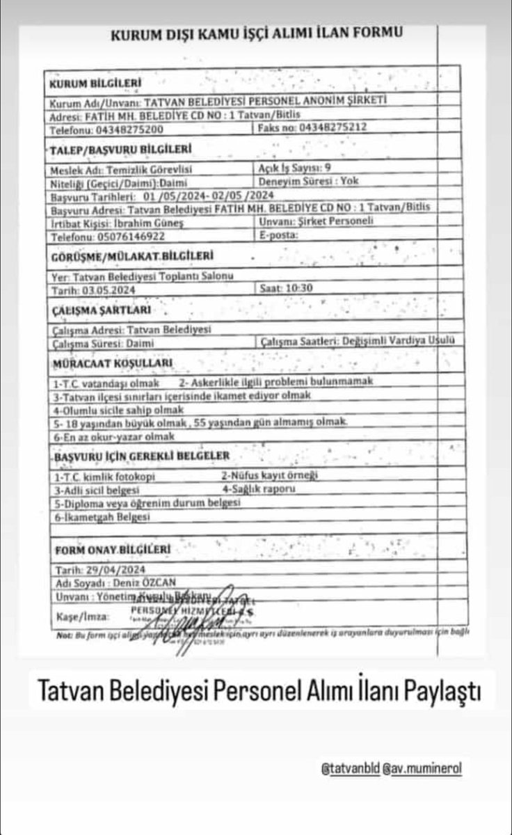 Tatvan Belediyesi Personel alım ilan Formu.

<a href="/tatvanbld/">Tatvan Belediyesi</a> #Bitlis #Tatvan #hizan #Güroymak #Ahlat #Adilcevaz #Mutki