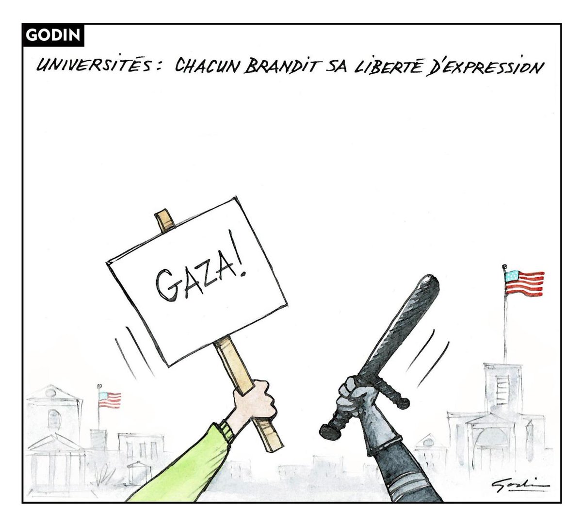 Le regard de notre caricaturiste Godin sur l'actualité du jour #Gaza #universités