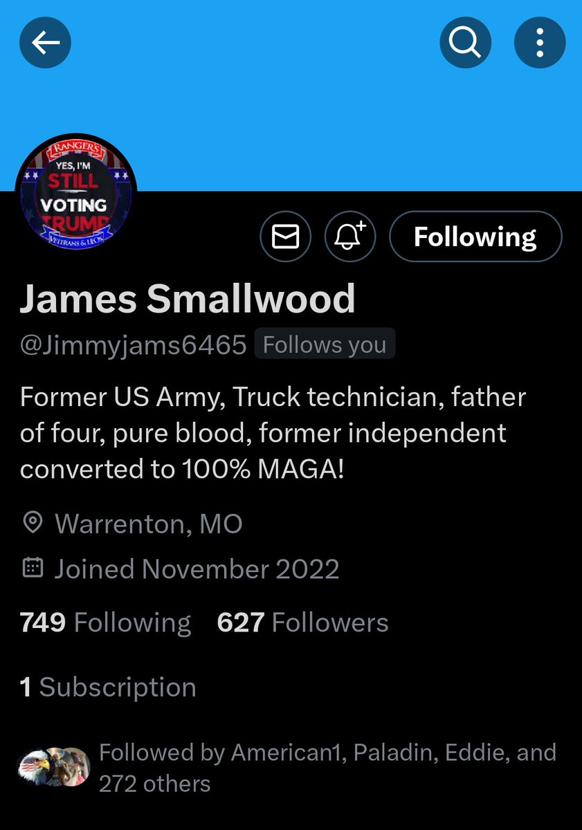 Hey 🇺🇸 America help push this Army Veteran to 1000 followers. James Smallwood @Jimmyjams6465 is an awesome Father of 4 children. He helps keeping 🇺🇸 America moving by being a Truck Mechanic. So come on 🇺🇸 America show this 🇺🇸 Veteran what we can do WWG1WGA James Smallwood…