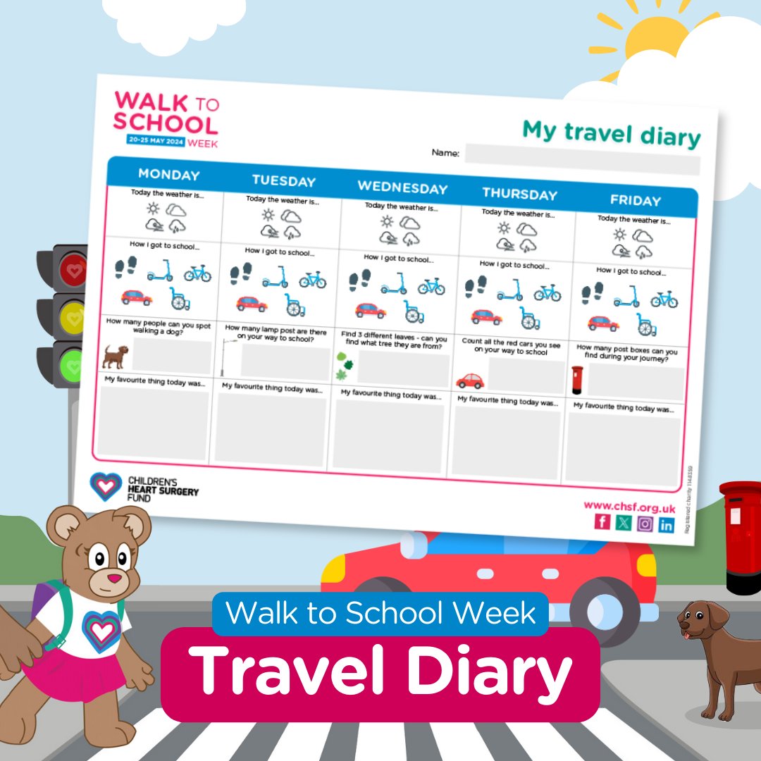 Keep a travel diary when you walk to school for CHSF... ✏️

🌤️☔️❄️ What was the weather like?
🚶🛴🚲 How did you get to school?
🚗🌳🐕 What did you see on the way?

#walktoschoolweek
