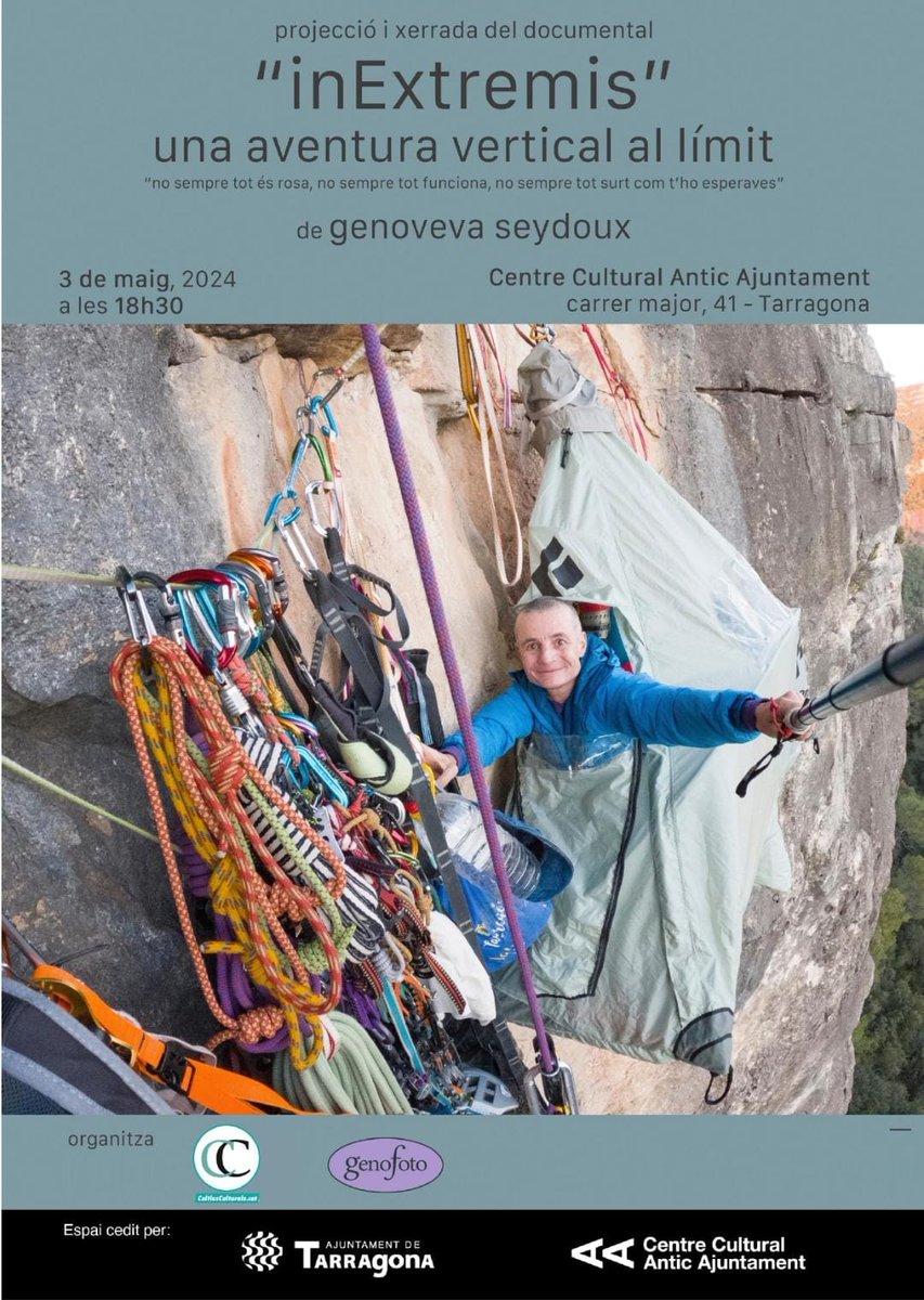 🎬"inExtremis": una aventura vertical al límit
📆3/05 -18:30h
📍Centre Cultural Antic Ajuntament (c/Major, 41, Tarragona)

⚠️Si vens a la projecció agrairíem no portar perfum, colònia, desodorants o cremes amb olor per respecte a les persones amb sensibilitat química 
GRÀCIES 🙏
