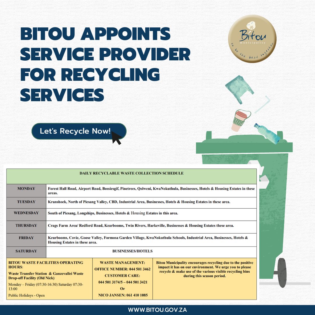 #BitouMunicipality has appointed a new service provider for the collection of recyclable waste from the 01 May 2024. Details of the service provider: Masiqhame Trading, Truter Street, Industrial Area. The Collection Schedule of #Recycling remains the same.