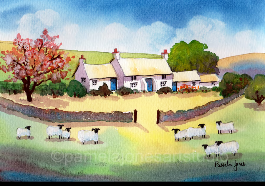 Original Watercolour - in 14 x 11 '' Mount - #PembrokeshireCottage #CherryBlossomTree #Sheep #WestWales #ArtForSale #Folksy folksy.com/items/8335124-…
