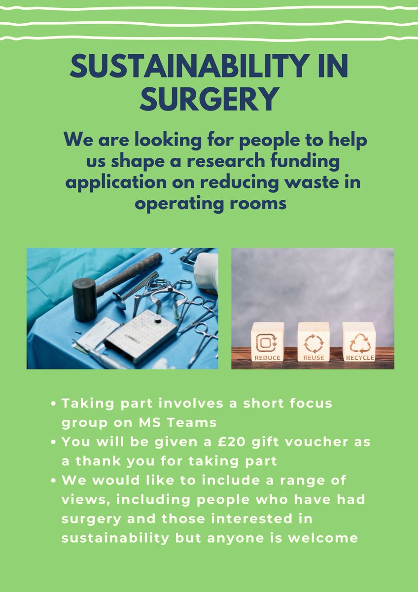 Can you help us shape our research proposal? We are looking for people to take part in a short focus group. No previous interest or experience needed (though those interested in sustainability and who have had surgery recently very welcome). Please RT