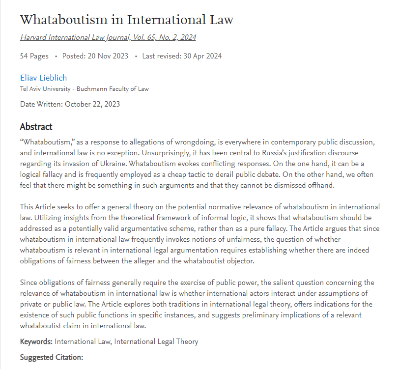1/2 I wrote this in another lifetime, little did I know how relevant it would be. I argue that 'whataboutism' in IL can be a normatively relevant claim when international actors exercise public law-like authority. Forthcoming @HarvardILJ papers.ssrn.com/sol3/papers.cf…