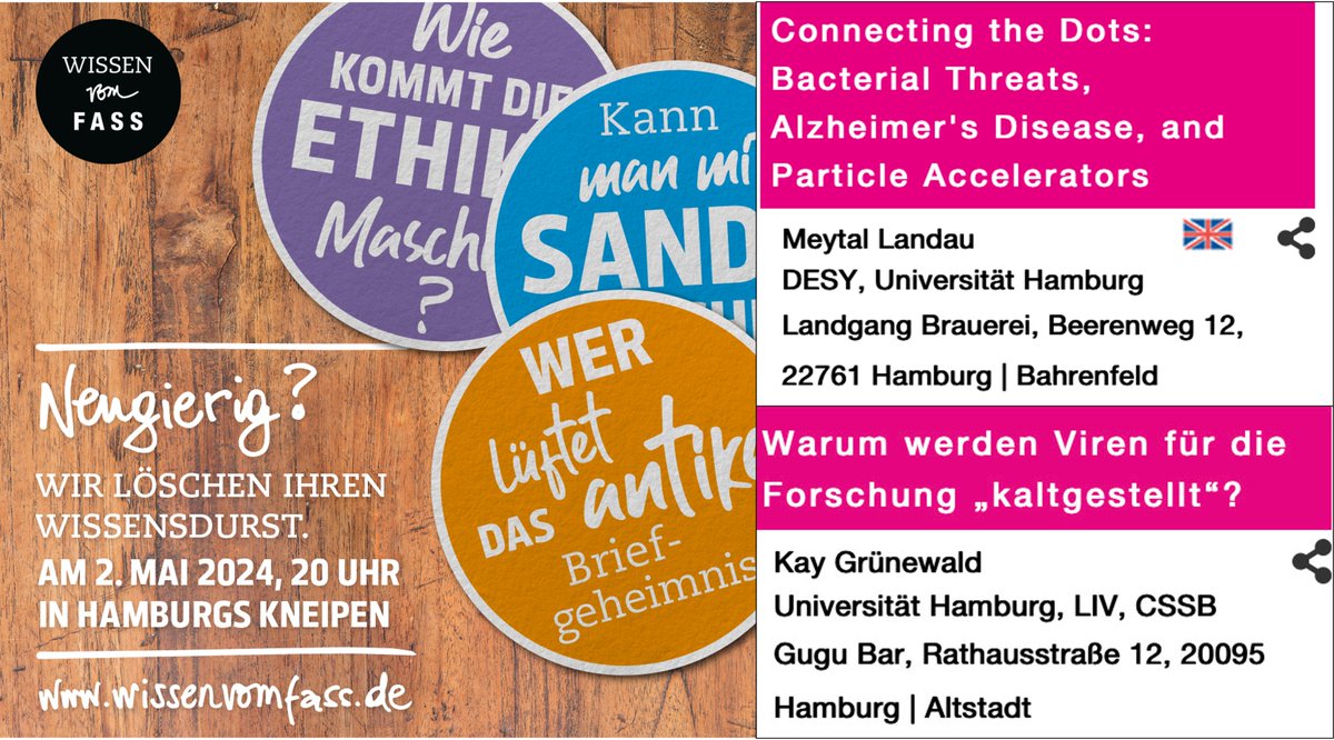 CSSB scientists will be participating in Wissen vom Fass tonight. Kay Grünewald will be talking about 'Why are viruses 'chilled' for research?' at Gugu Bar & @LandauMeytal will be talking about 'Bacterial Threats, Alzheimer's Disease, & Particle Accelerators' at @LandgangHamburg
