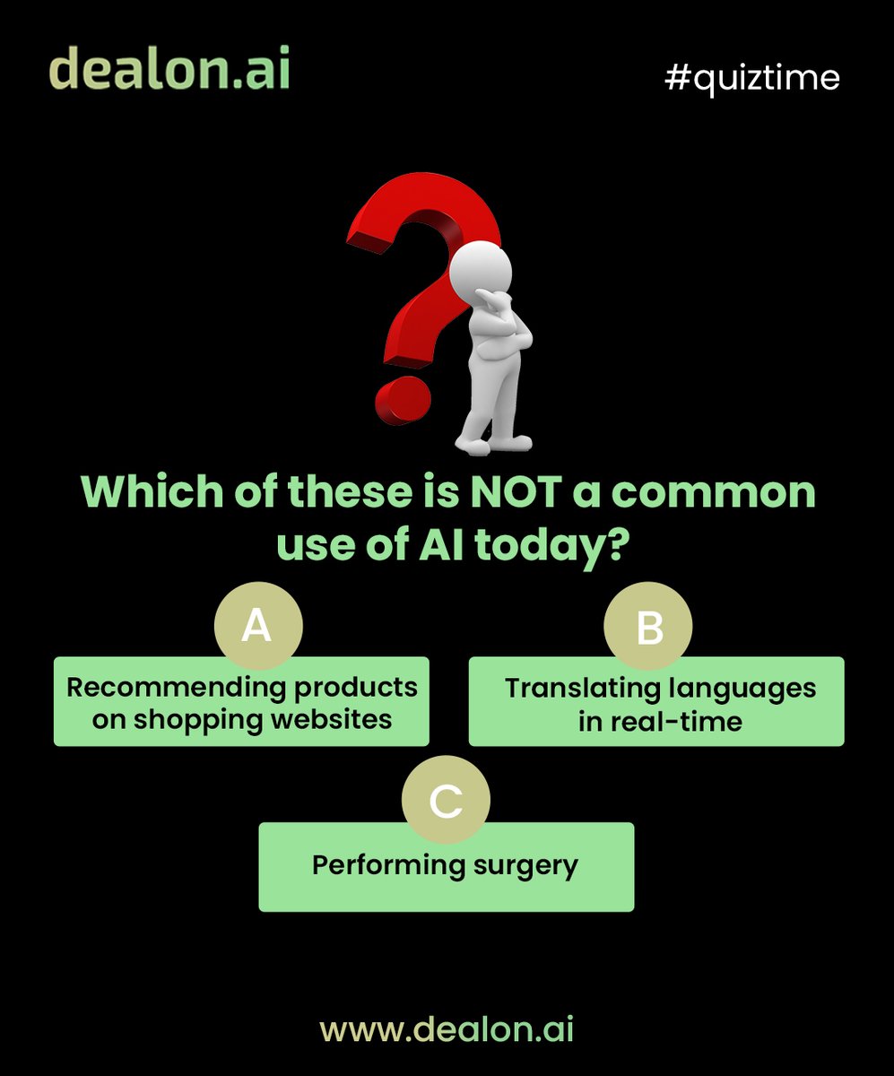 Test Your AI Knowledge:
Which Use Case Doesn't Belong?

Comment your answer below!

#AI #Quiz #Tech #chatgpt #DealonAI