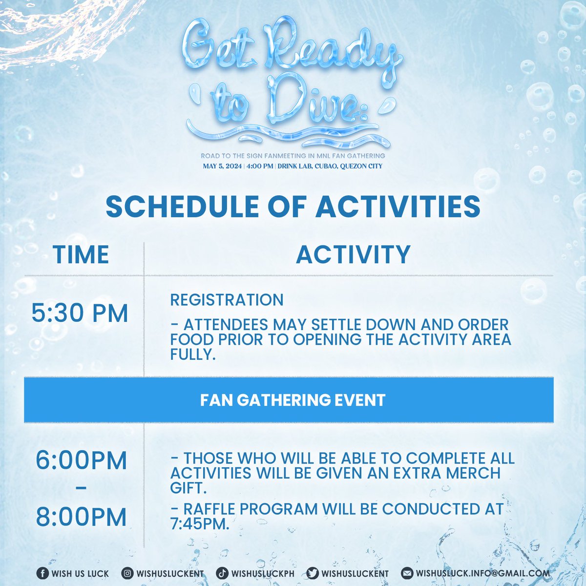 Hello, #GetReadytoDiveTheSignFanGathering attendees! 

Here's how to get to the venue for our fan gathering this Sunday, May 5, 6:00PM at the Drink Lab Café. ⛱️🌊

Please take note of the adjusted schedule in consideration of the hot weather these days. ☀️

You may still register…