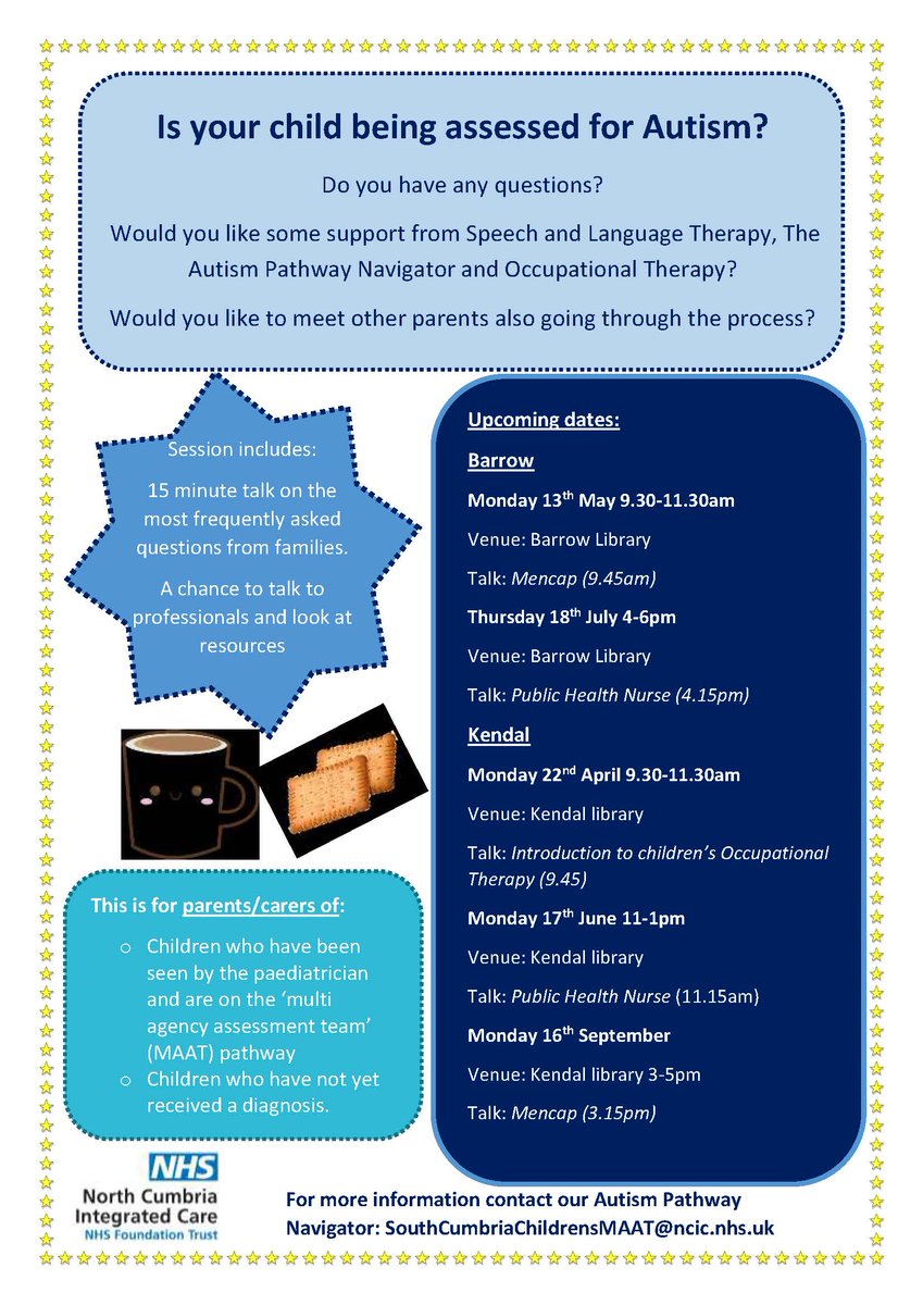 Is your child being assessed for Autism? Would you like some support from Speech and Language Therapy, The Autism Pathway Navigator & Occupational Therapy? Would like to meet other parents also going through the process? Meet on Monday 13 May 9.30–11.30am at Barrow Library.