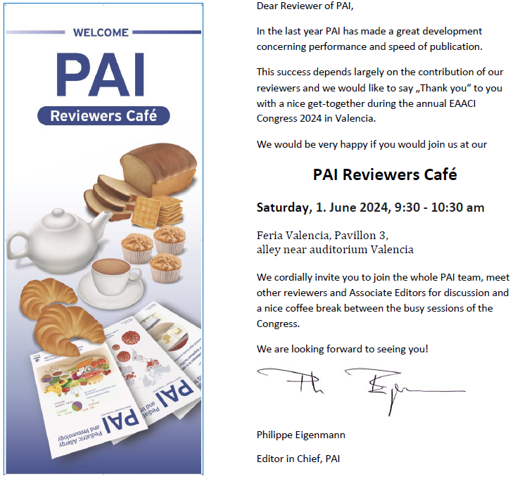 #PAI_Journal would like to invite you to the PAI Reviewers Café!
Join the PAI team, fellow reviewers, and Associate Editors for discussion and a relaxing coffee break during the annual Congress in Valencia. #EAACI2024

We look forward to seeing you there!