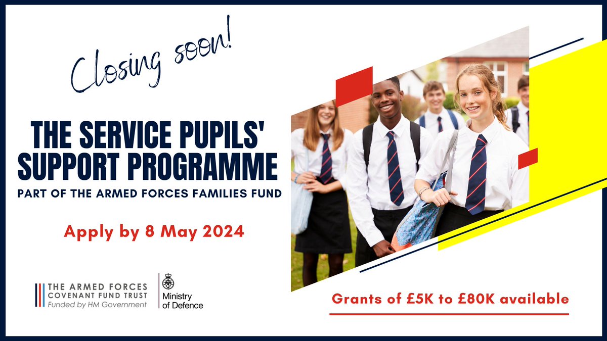 *Closing soon!* The Service Pupil Support programme closes at midday on 8 May 2024. Schools supporting Service children in the UK can apply for grants of £5K to £80K for projects which support Service children along their educational pathway. 👉Apply at covenantfund.org.uk/programme/the-…