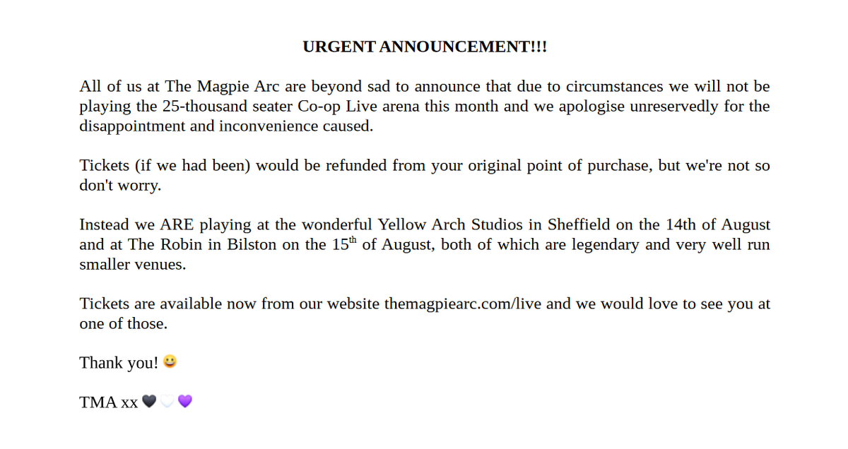 An urgent announcement from The Magpie Arc concerning the Co-op Live arena! Please share. TMA xx 🖤🤍💜