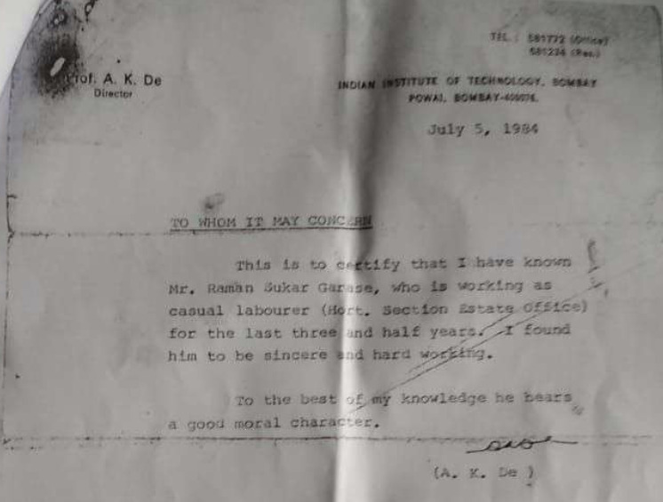 A letter signed in 1984 by A K De, then director of @iitbombay regarding Raman Garase