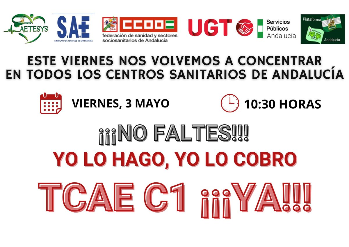 Seguimos otra semana más juntos con nuestros compañeros y nos volvemos a concentrar en los centros sanitarios, pidiendo que se reconozcan nuestras funciones, que se nos clasifique correctamente.
#tcae #almeria #granada #Malaga #cadiz #huelva #Sevilla #cordoba #jaen #C1ya