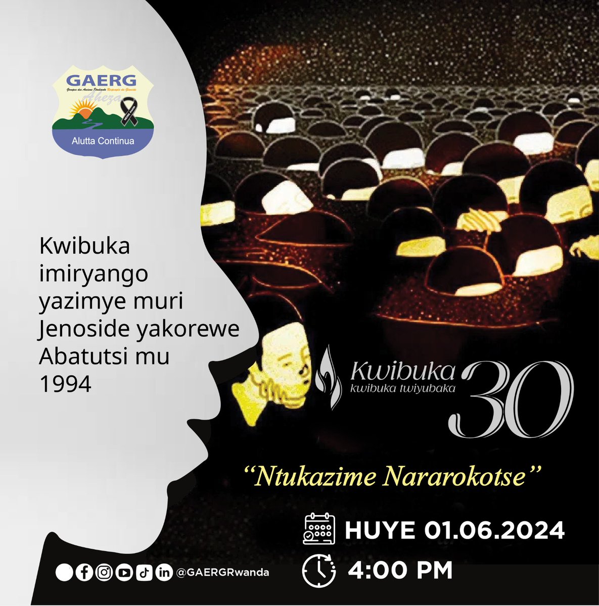 GAERG is honored to invite you to the commemoration of the families completely wiped out during the 1994 Genocide against the Tutsi. 📍 The event will take place in @HuyeDistrict 🏟️ Huye Stadium 🗓️:01.06.2024 ⏰:4 p.m Register here 👉gaerg.org.rw/kwibuka-imirya…