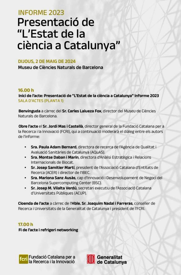 Presentació de “L’estat de la ciència a Catalunya. Informe 2023” 📅 Avui dijous 2 de maig 🏛️Museu de Ciènces Naturals de Barcelona 🕘 16-17h 📝+ info i inscripcions: bit.ly/4aZh5CA #ciencia #recerca #Catalunya