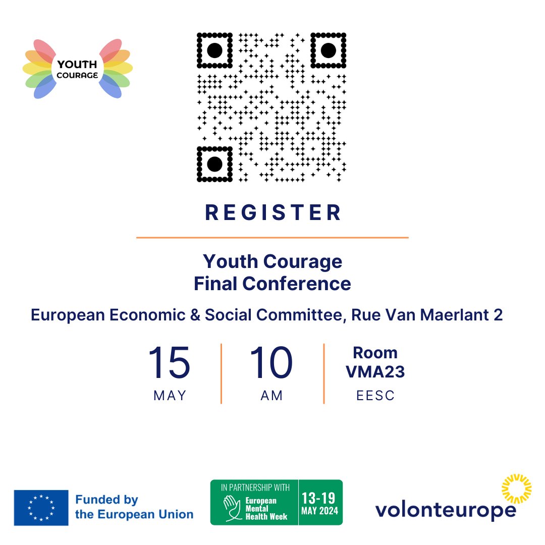 🎉 Join in! Youth Courage Final Conference at @EU_EESC! ✍️ Mental Wellbeing of Young People in the Aftermath of COVID-19. 🗓 15 May 2024, 10:00-14:00 🔗 In-person & Online 📍Rue Van Maerlant 2, Room VMA23, Brussels 🍸 Lunch 13:00-14:00 Registration: forms.gle/qZvX9C3oSi1VJQ…