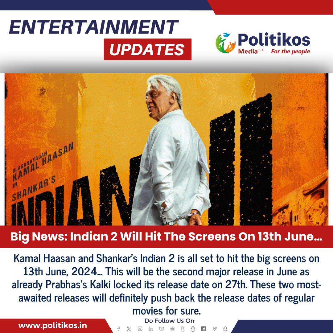 Big News: Indian 2 Will Hit The Screens On 13th June…
#Politikos
#Politikosentertainment
#Indian2
#MovieRelease
#Kollywood
#IndianCinema
#FilmIndustry
#EntertainmentNews
#MoviePremiere
#CinemaRelease
#ExcitingTimes
#FilmEvent