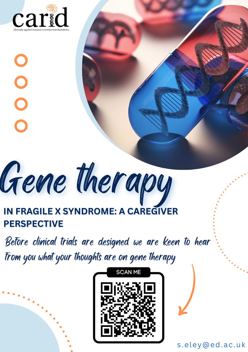 app.onlinesurveys.jisc.ac.uk/s/edinburgh/ge… If you are a parent / caregiver for someone with fragile X syndrome then please fill in this survey to give your thoughts about the possibility of future genetic therapies. Positive, negative or neutral - its important that all views are heard.